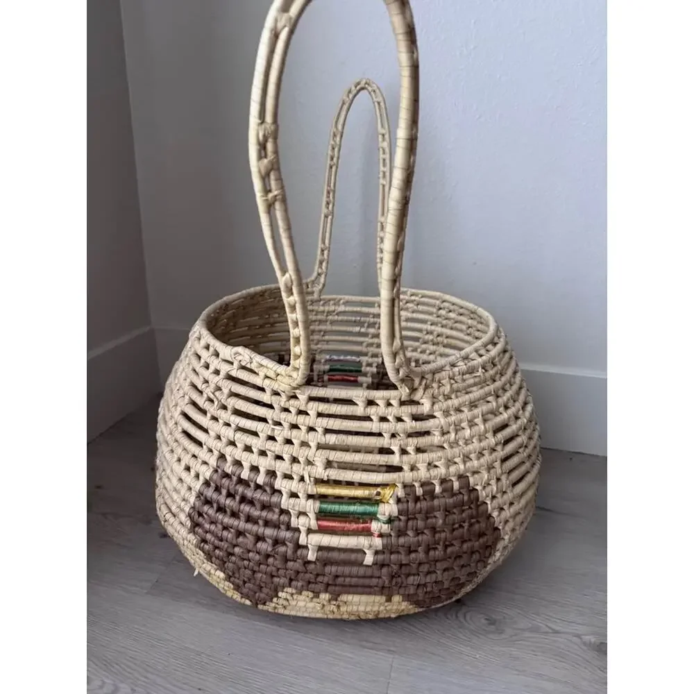 Vintage Handwoven Straw Raffia Tribal Large Basket with Handles